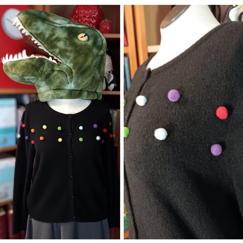 Modcloth X Collectif "Barbara" Black Cardigan with Colorful Rainbow Pom Poms